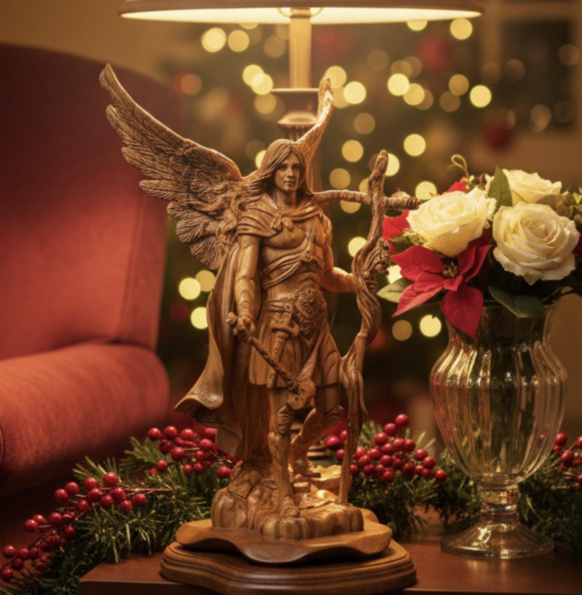 St Gabriel Angel Statue, Hand Carved Olive Wood, Holy Land