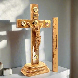 Standing Crucifix, 16.5&quot; Wood Cross, Carved Jesus Christ Corpus, INRI, Catholic Home Altar, Traditional Confirmation Gift, Made in Holy Land