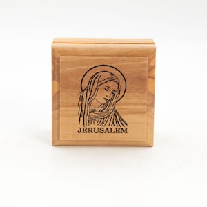 Olivenholz Schmuckkästchen, Jungfrau Maria graviert, Handgemachtes Heiliges Land, Ideales Geschenk für christliche Trauringe oder Rosenkranz, Jerusalem, Magnet Quadrat