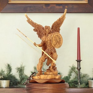 St Raphael Angel Statue, 15&quot; Carved Wood Sculpture, Catholic Religious Art, Seraphim, Archangel Figurine, Christian Confirmation Saint Gift