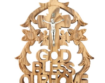 Wooden Ornament with Crucifix, "God Bless Our Home", Handmade by Christians in Bethlehem, Holy Land Olive Wood, Christmas Gift