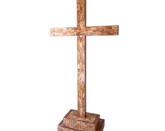 Large Church Cross, 78" Standing with Base, Made from Holy Land Olive Wood in Bethlehem, Christian Gift
