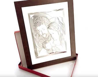 Baby Jesus Christ & Holy Family Wall Plaque, Silver Icon, Wooden Frame, Catholic Christmas Gift