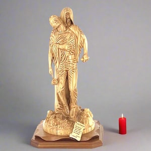 Jesus Christ Forgives Roman Guard Statue, 19.3&quot; Masterpiece Sculpture, Holy Land Church Gift, Bethlehem Olive Wood, Christian Religious Art