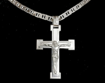 Crucifix Necklace, Sterling Silver Chain and Cross, Christian Christmas Gift