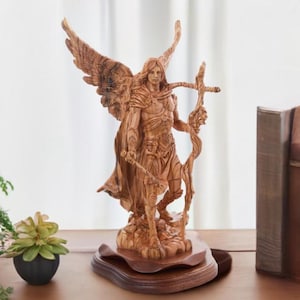 St Gabriel Angel Statue, 15&quot; Carved Wood Sculpture, Catholic Religious Art, Seraphim, Archangel Figurine, Christian Confirmation Saint Gift
