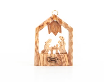 Wooden Christmas Tree Ornament, 3.1", Holy Family Nativity Scene, Made by Christians in Bethlehem, Holy Land Olive Wood, Hanging Decoration