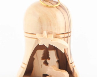Bell Shaped Christmas Tree Ornament, 3.7" Wooden Handmade in Bethlehem, Nativity Manager Scene with Star, Christian Stocking Stuffer Gift