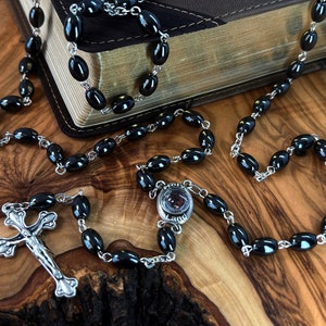 Catholic Rosary, Bethlehem Made, Metal Chain Black Beads, Gift for Confirmation, 5 Decades