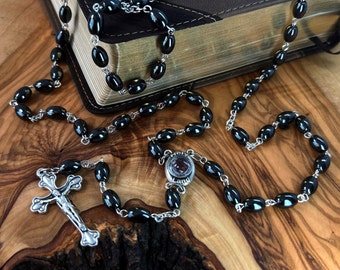 Catholic Rosary, Bethlehem Made, Metal Chain Black Beads, Gift for Confirmation, 5 Decades
