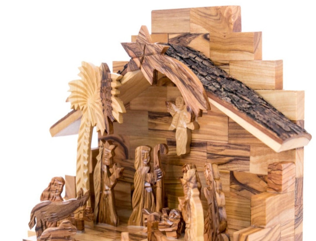 Hand Carved Rustic Olive Wood Nativity Scene 9.1 With Natural Edges