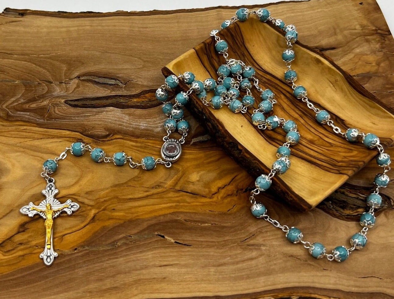 Turquoise Rosary, 8mm Blue Catholic Stone Prayer Beads, 22" Metal Chain, 2" Crucifix, Catholic Christmas Gift, 1st Communion Keepsake