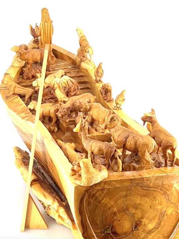大型木製ノアの箱舟彫刻、動物の置物、旧約聖書アート、クリスマス