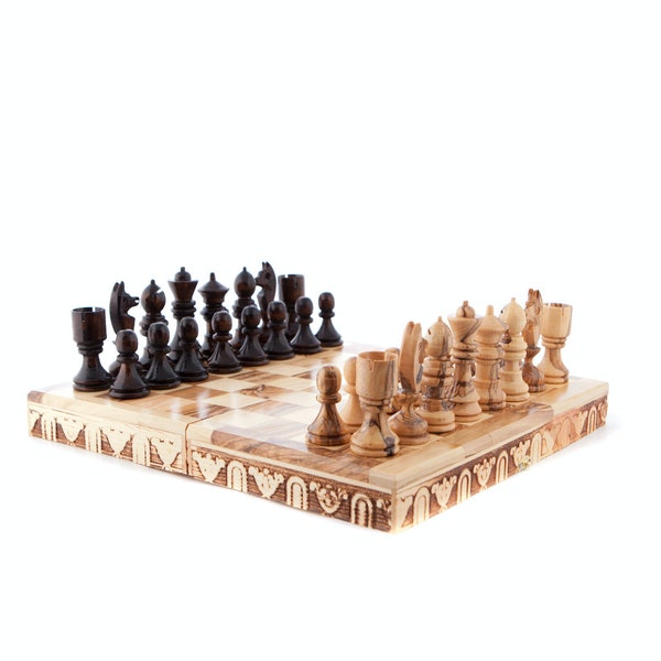 Wooden Chess Set and Board, 13.6 Inch, Olive Wood Grown in Holy Land, Hand Carved Pieces, Made by Christians, Folding Travel Chess Board