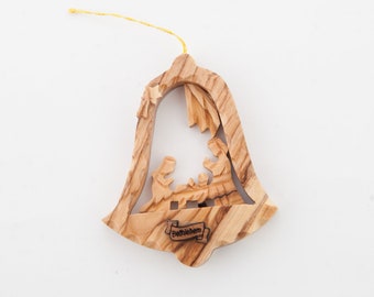 Wooden Christmas Tree Ornament, 3.3", Holy Family Nativity Scene, Made by Christians in Bethlehem, Holy Land Olive Wood, Hanging Decoration