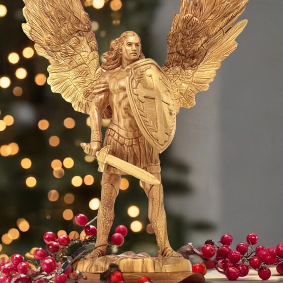 25cmEsculturaAngel Statue インテリア オブジェ 高級感 Hand Carved Olive Wood Saint Michael Statue, Holy Land Religious