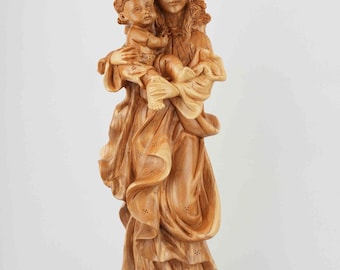 Virgin Mary Holding Baby Jesus, 18.9" Carved from the Holy Land Olive Wood