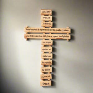 Wall Cross, Lord&#39;s Prayer Engraved, 13.5&quot;,  Christian Home Religious Decor, Wooden Wall Cross, Gift for New Home, Teen Bedroom, Pastor Gift