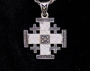 Jerusalem Cross Necklace with White Gemstones, Sterling Silver Chain,Christmas Gift