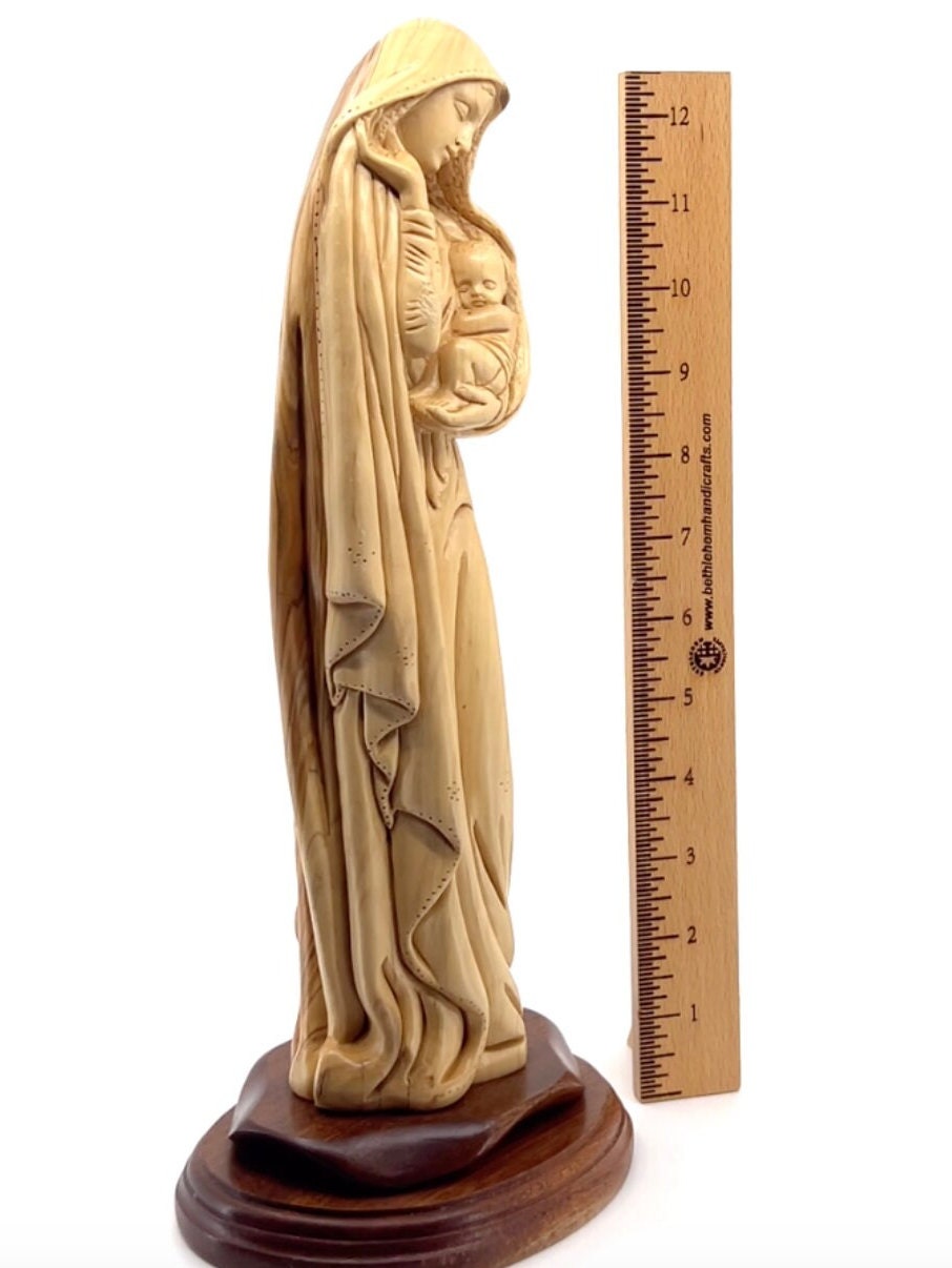 Virgin Mary With Baby Jesus Statue, 13.2" Hand Carved Olive Wood From ...