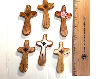 Wooden Comfort Pocket Cross, Holy Land Handmade from Bethlehem Artisans, Christmas Gift for Christian or Catholic, Holy Spirt Dove Engraved
