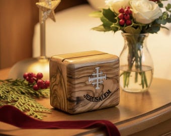 Ring or Rosary Box, Mother of Pearl Jerusalem Cross, Gift for Christian, Made from Holy Land Olive Wood in Bethlehem, First Communion Gift