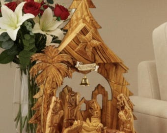 Presepe in legno d'ulivo intagliato a mano, carillon di Betlemme (19 cm), decorazioni natalizie per la Terra Santa