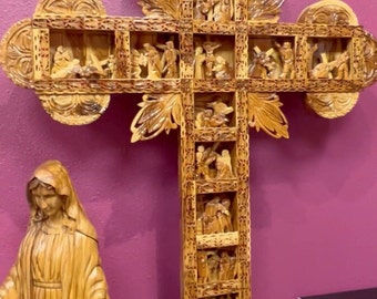 Large Carved Standing Cross, 14 Stations of the Cross, Catholic Home Altar, Confirmation Gift, Catholic Christmas Gift