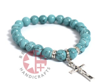 Turquoise Prayer Bracelet with Crucifix, 8mm Blue Stone Beads, Religious Jewelry, Christmas Gift form Holy Land