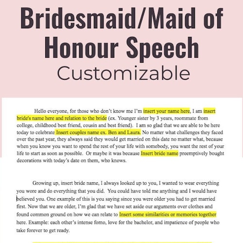 Maid of Honor Speech/bridesmaid Speech Template Etsy