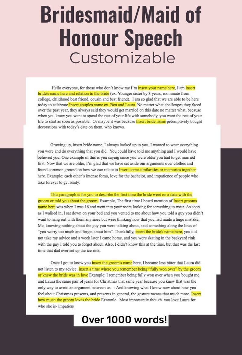Maid of Honor Speech/bridesmaid Speech Template Etsy