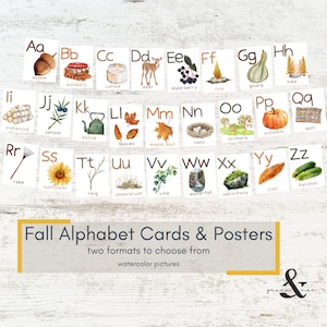 Herbst ABC Alphabet Karten & Poster - Aquarell Herbst Vorschule Homeschool Dekor, Karteikarten, ABCs
