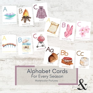 ABC Alphabet Cards Four Seasons Winter Spring Summer Fall Autumn - Watercolor Preschool Homeschool Vocabulary Flashcards, ABCs