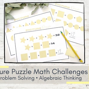 May include: A set of printable worksheets for children to solve picture puzzle math challenges. The worksheets feature different shapes and symbols with equations to solve. The text on the worksheets reads "Picture Puzzle Math Challenges, Problem Solving, Algebraic Thinking".