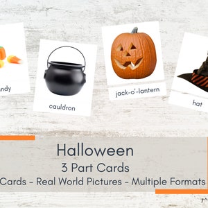 Tarjetas de Halloween de 3 partes - Imágenes del mundo real - Tarjetas Montessori - Tarjetas de nomenclatura imprimibles