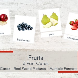 Cartes de fruits en 3 parties - Images du monde réel - Cartes Montessori - Cartes de nomenclature imprimables