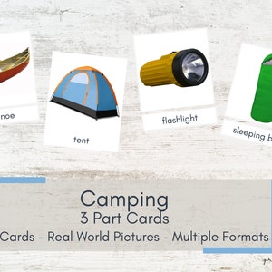 Tarjetas de viaje de camping de 3 partes - Imágenes del mundo real - Tarjetas Montessori - Tarjetas de nomenclatura imprimibles - Preescolar ELL ESL Word Wall
