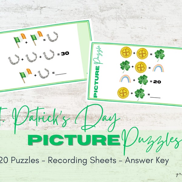 St. Patrick's Day Algebra Picture Puzzles - Homeschool Math - Problem Solving, Math Facts, Numbers, Algebraic Thinking