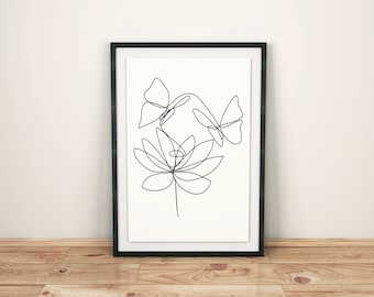 Butterfly and flower/ Oneline art/ Print art/ Minimal art/ Line wall print