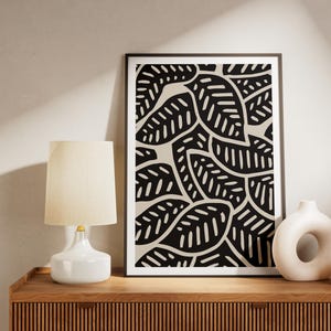 Abstract Botanical Leaf Printable Art, Beige Black Leaf Wall Art, Neutral Botanical Printable Wall Art, Floral Illustration Botanical Poster