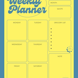 Könnte beinhalten: Ein gelb-blaues Wochenplaner-Design mit dem Schriftzug "Weekly Planner" in Retro-Schrift. Der Planer enthält Abschnitte für jeden Wochentag, eine Einkaufsliste und einen Notizbereich. Mit Smiley und Blume.