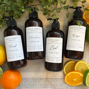 Hand Soap Gift Set | Citrus Scented Liquid Hand Wash | Plant Based, Handmade, Specialty Soap | Amber Bottles | Minimalist Design Home Decor