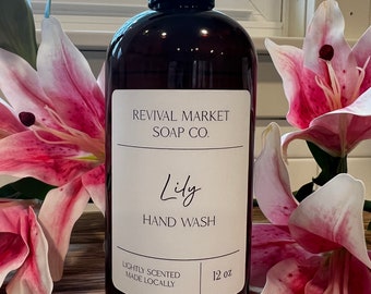 Lily Hand Soap, Spring Collection Liquid Hand Wash, Floral Scented Soap, Amber Dispenser, Minimalist Design Home Decor, Natural Soap