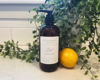 Zest Hand Soap | Citrus Liquid Hand Wash | Lemon Scented Soap | Plant Based, Handmade | Amber Bottles | Minimalist Design Home Decor