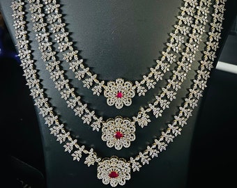 AD/CZ long haram with matching earrings - Pink