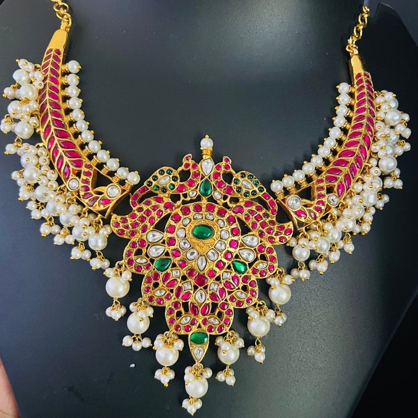 High quality Jadau Kundan peacock necklace with guttapusalu tassels/Gold finish