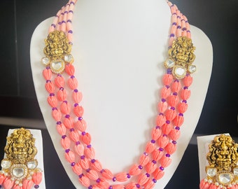 Customized Taiwan tulip mala set with antique polki charms/comes with earrings/Polki jewelry