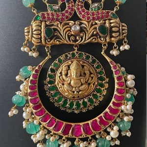 Premium quality Jadau kundan Ganesh pendant haram/Brass based heavy Ganesh pendant haram