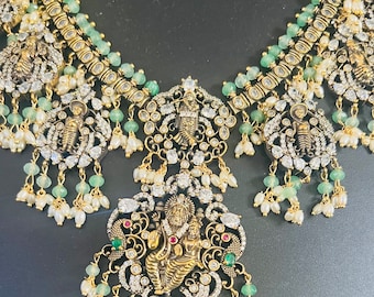 Victorian finish Dasavataram/ Narasimha Swamy cz/AD studded guttapusalu necklace with matching earrings/Victorian set