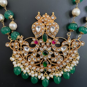 Jadau Kundan long haram with green Pumpkin beads/Pearl and Green pumpkin beads